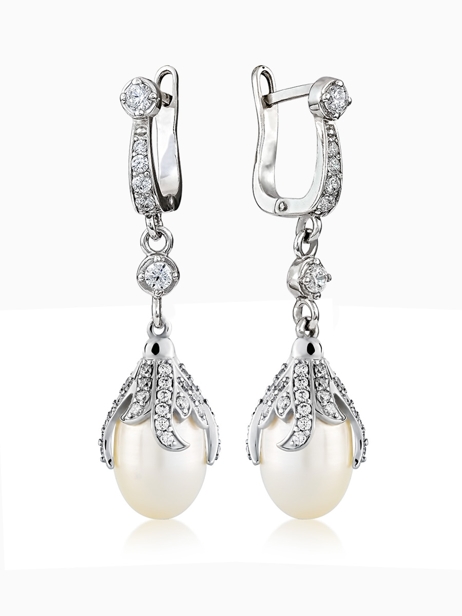 Жiночi сережки з перлами у формi краплi із срібла 925 проби, артикул 3024.3