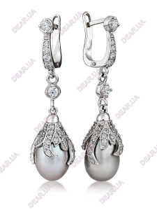 Жiночi сережки з перлами у формi краплi із срібла 925 проби, артикул 3024.4